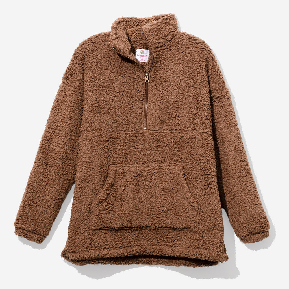 brown sherpa pullover back view