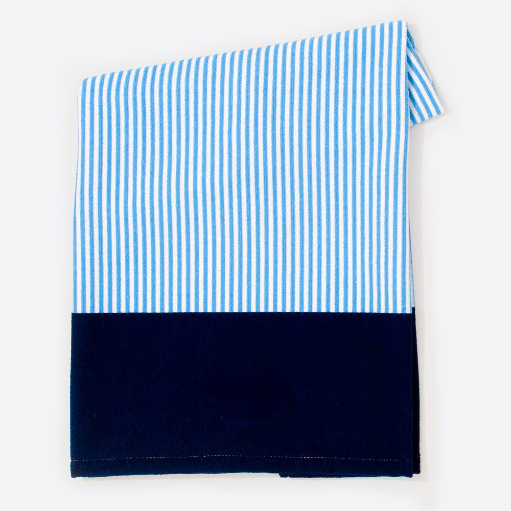personalized kids beach towel in blue mini stripes