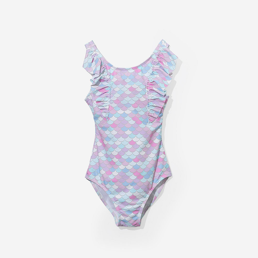 Back of Girl wearing ruffle bathing suit in mermaid