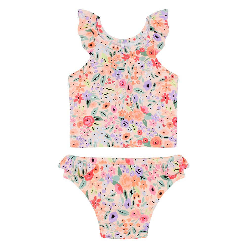 coral floral monogrammed tankini with seersucker straw hat