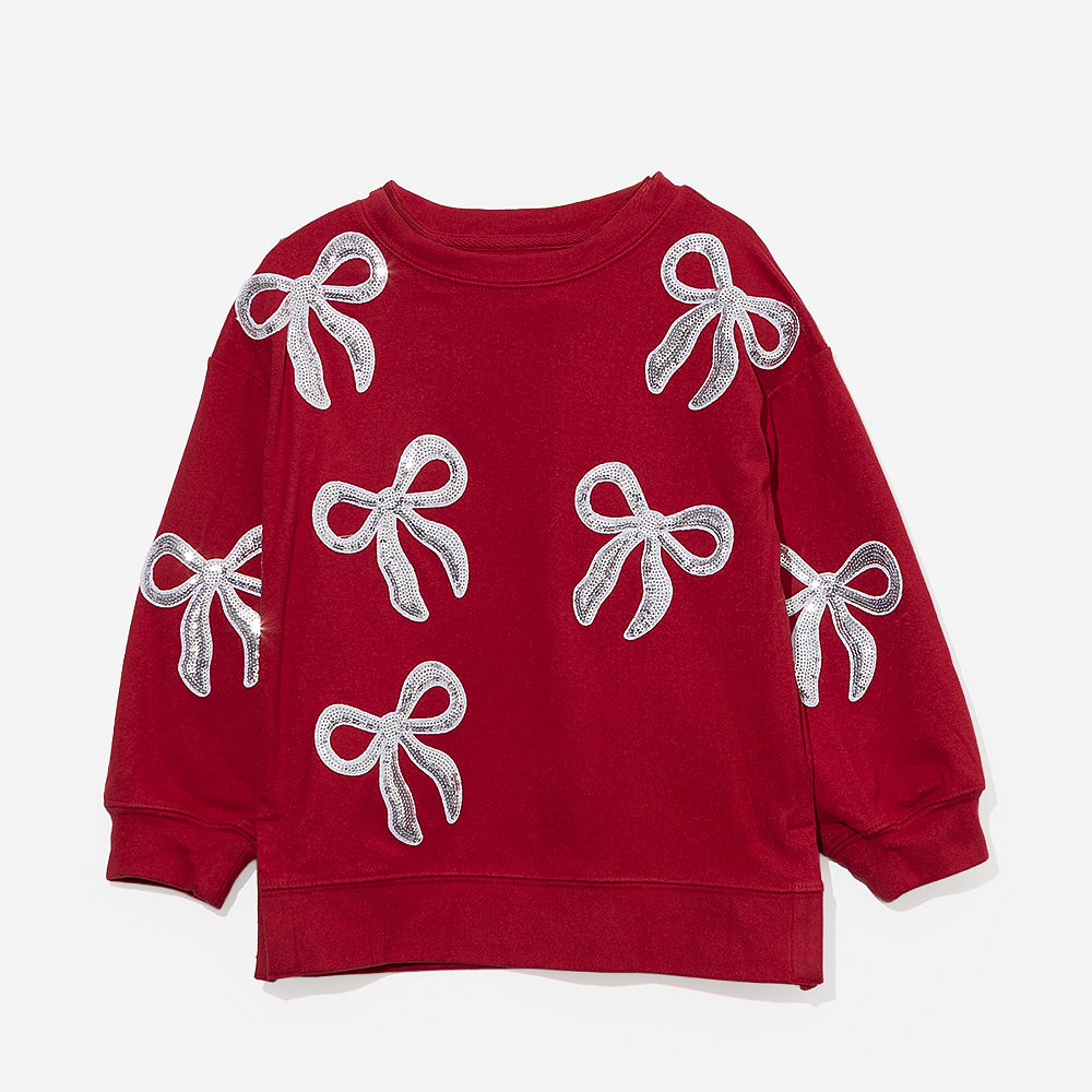 hot pink kids sequin bow sweatshirt back view