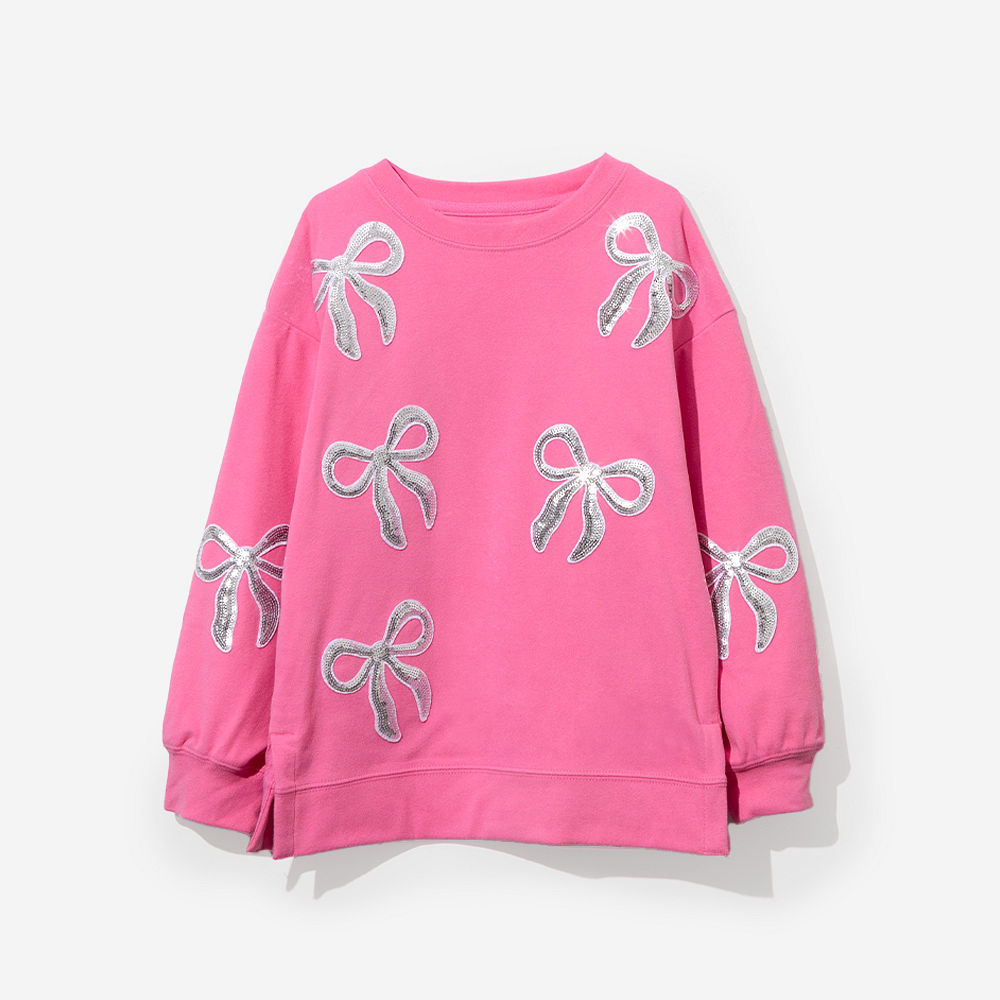 hot pink kids sequin bow sweatshirt back view