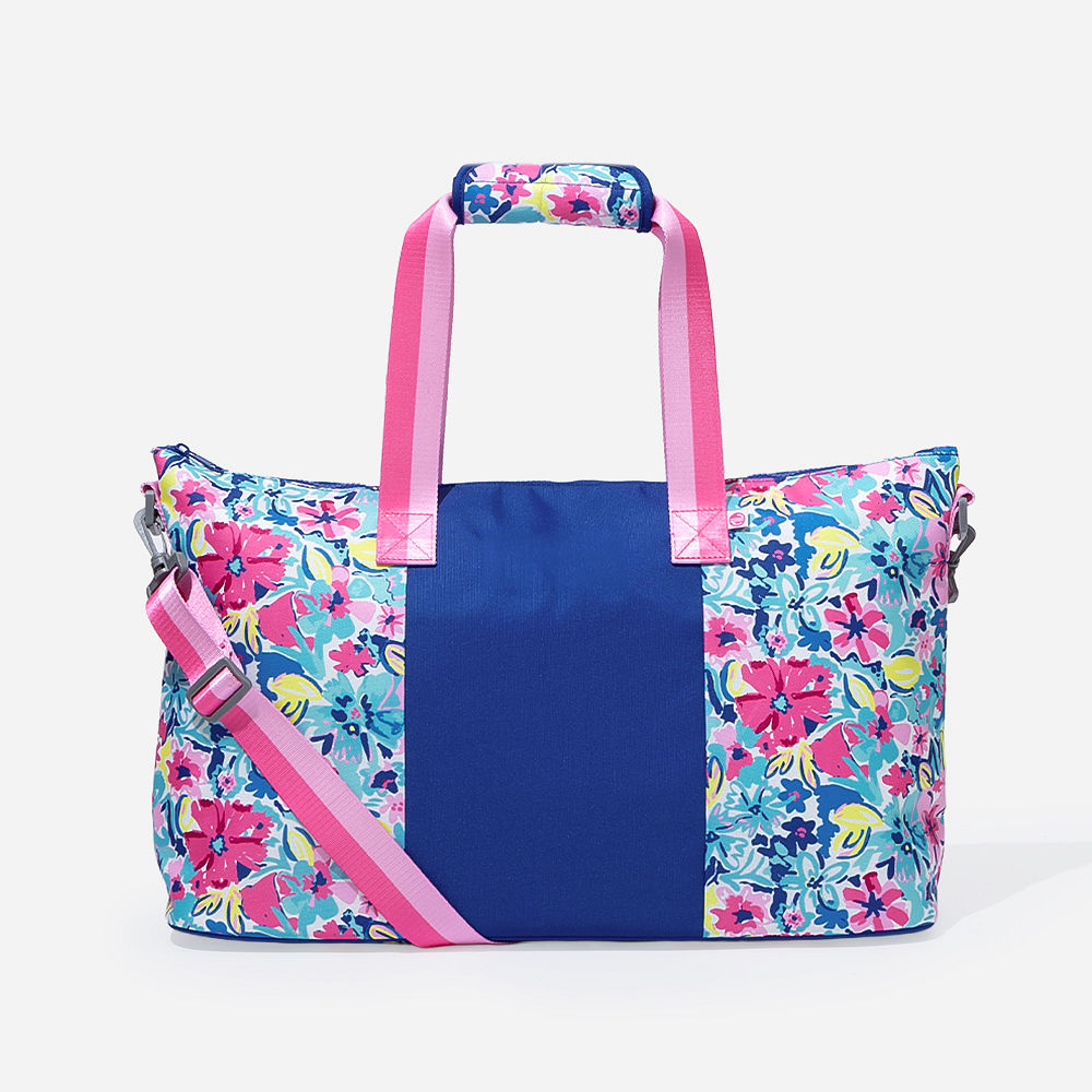 close up of navy boys embroidered weekend duffle bag