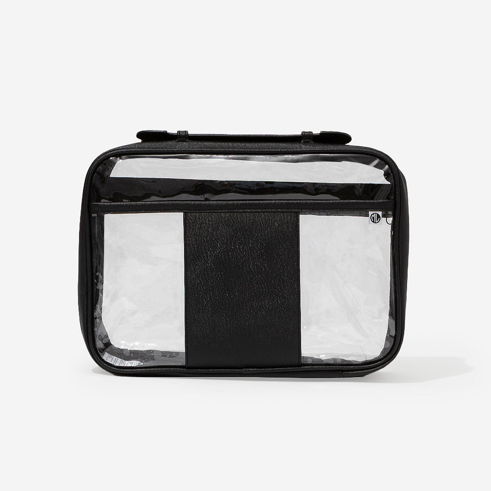 black clear monogrammed toiletry bag with black mosaic canvas weekender