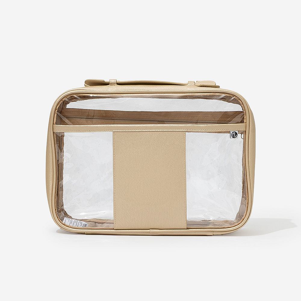 black clear monogrammed toiletry bag with black mosaic canvas weekender