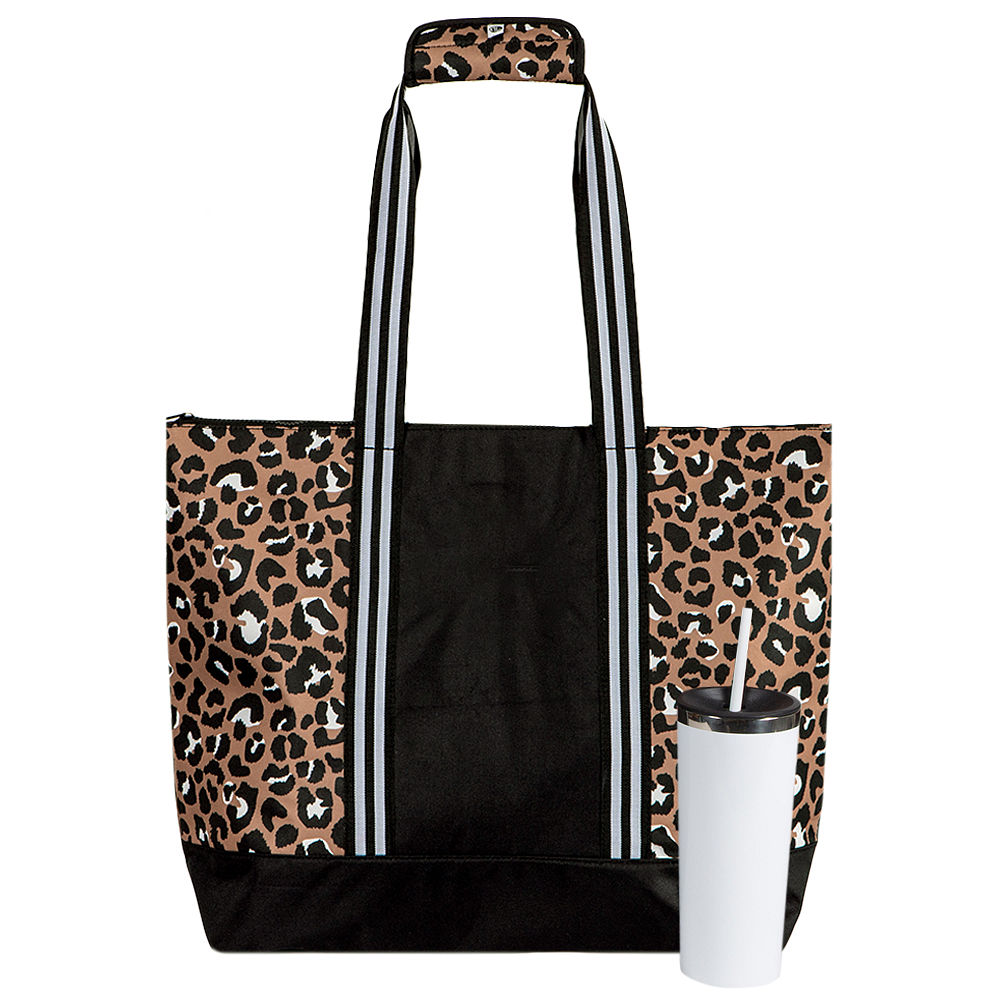 monogrammed large-zip top tote in caramel leopard with canvas pouch