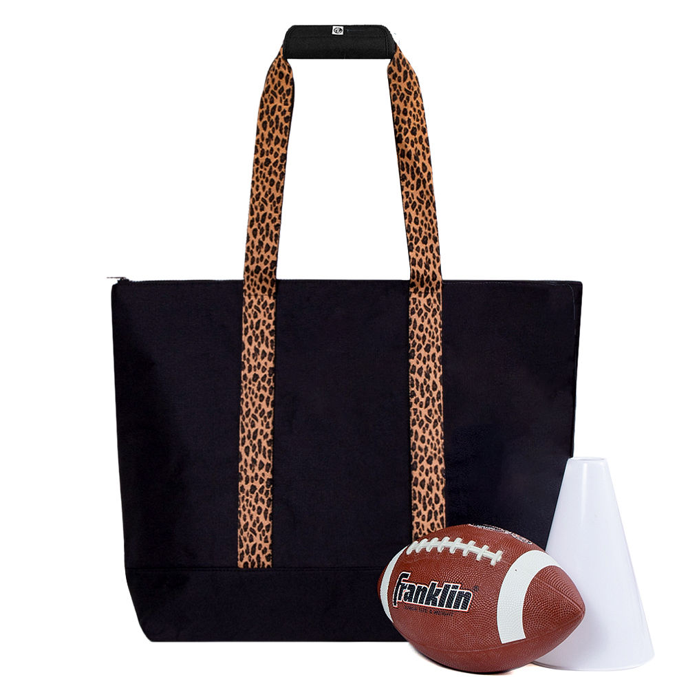 monogrammed large-zip top tote in caramel leopard with canvas pouch