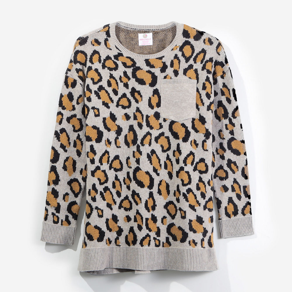 leopard boyfriend sweater monogrammed pocket detail