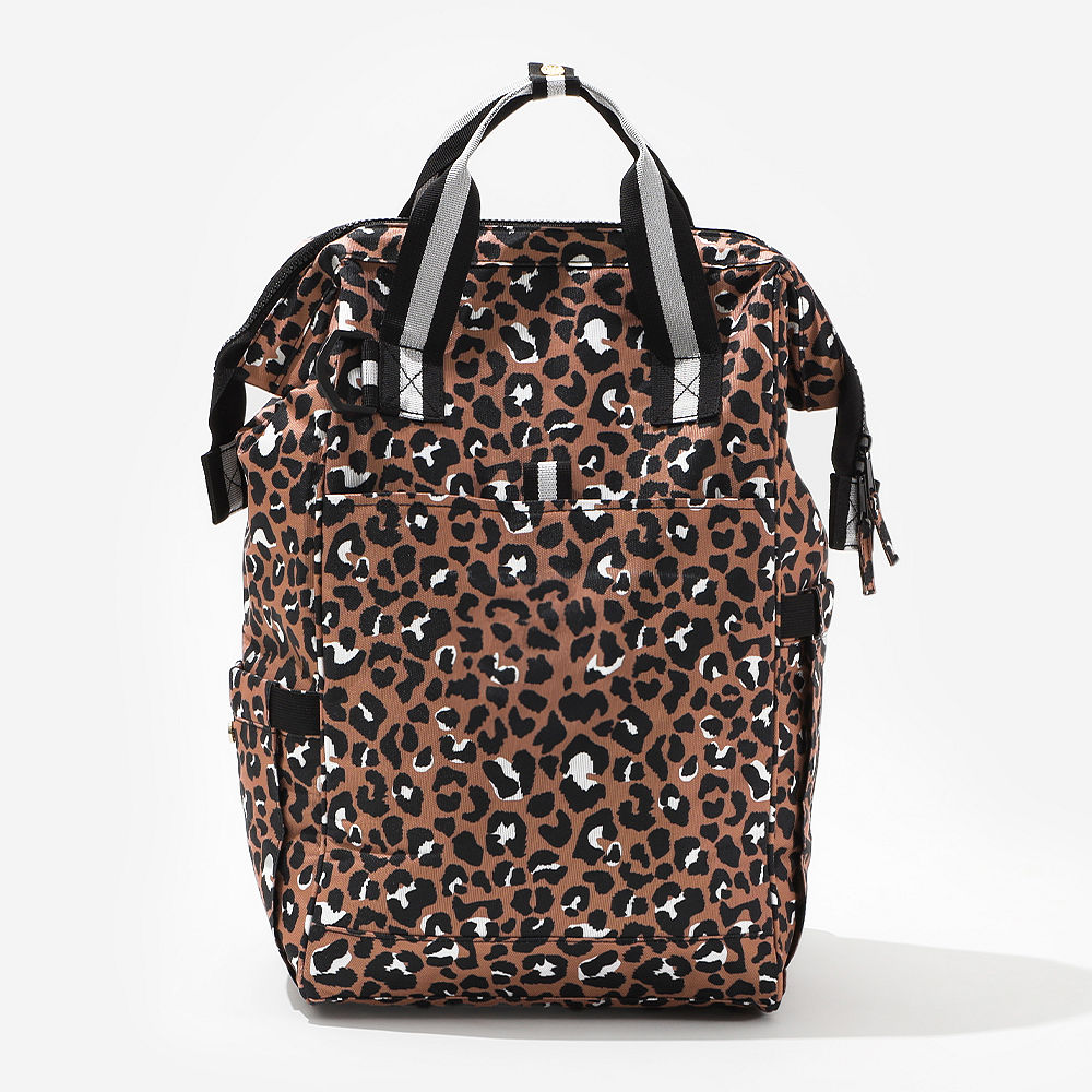 leopard diaper backpack flatlay