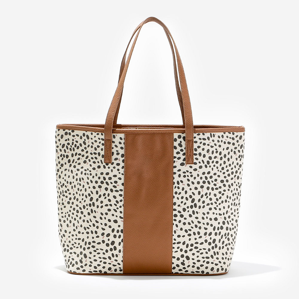 personalized leopard tote bag in leopard spots over shoulder