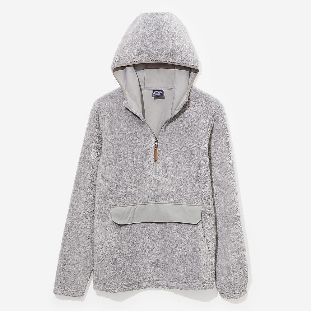 back of lightweight fleece hoodie in light gray