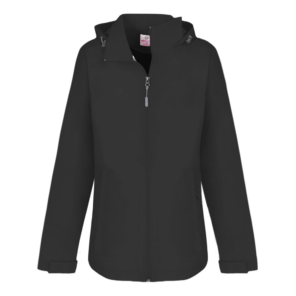 black monogrammed lightweight rain jacket with monogrammed sneakers