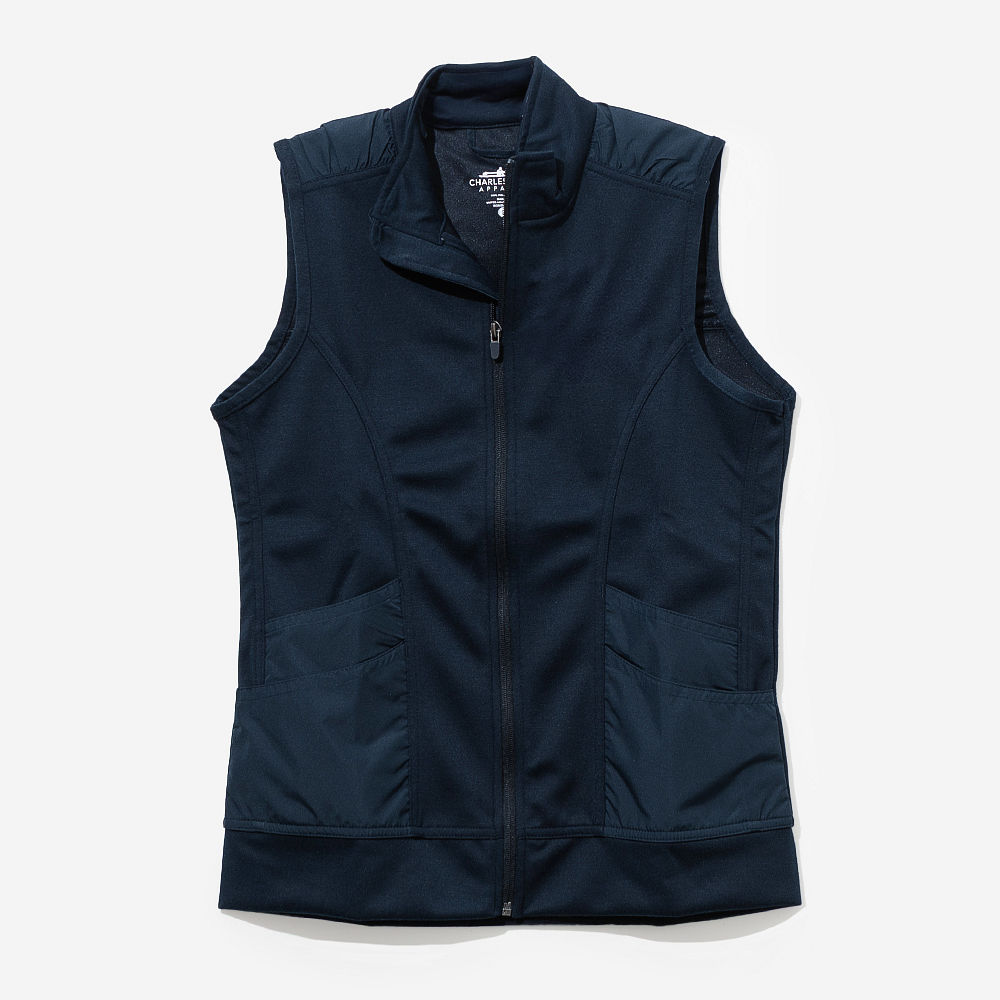 close up of navy personalized lightweight vest