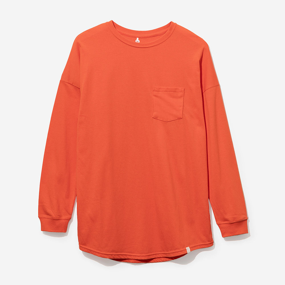 back of crimson long sleeve pocket tee with baseball hat