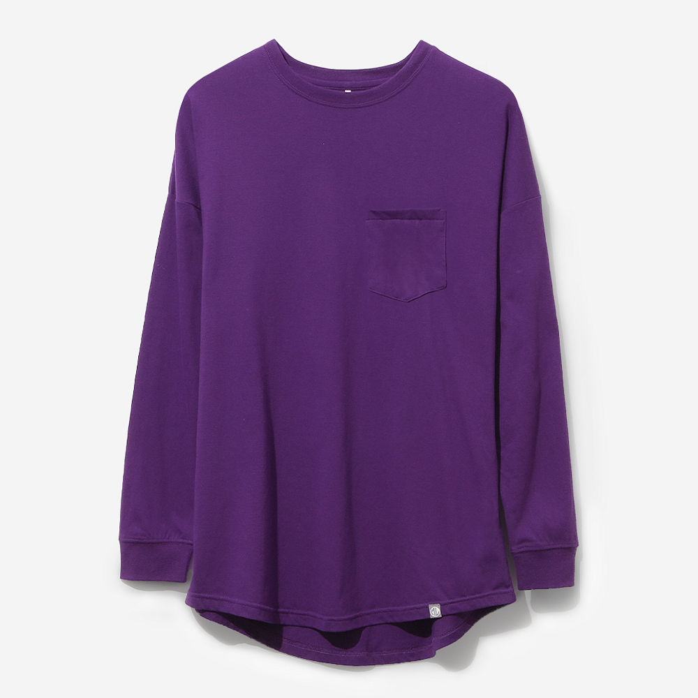 back of crimson long sleeve pocket tee with baseball hat
