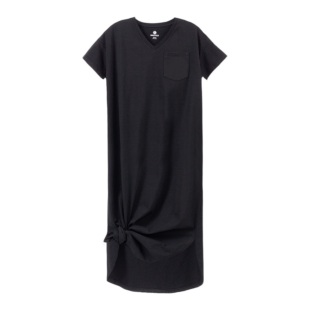 close up of monogrammed navy midi dress