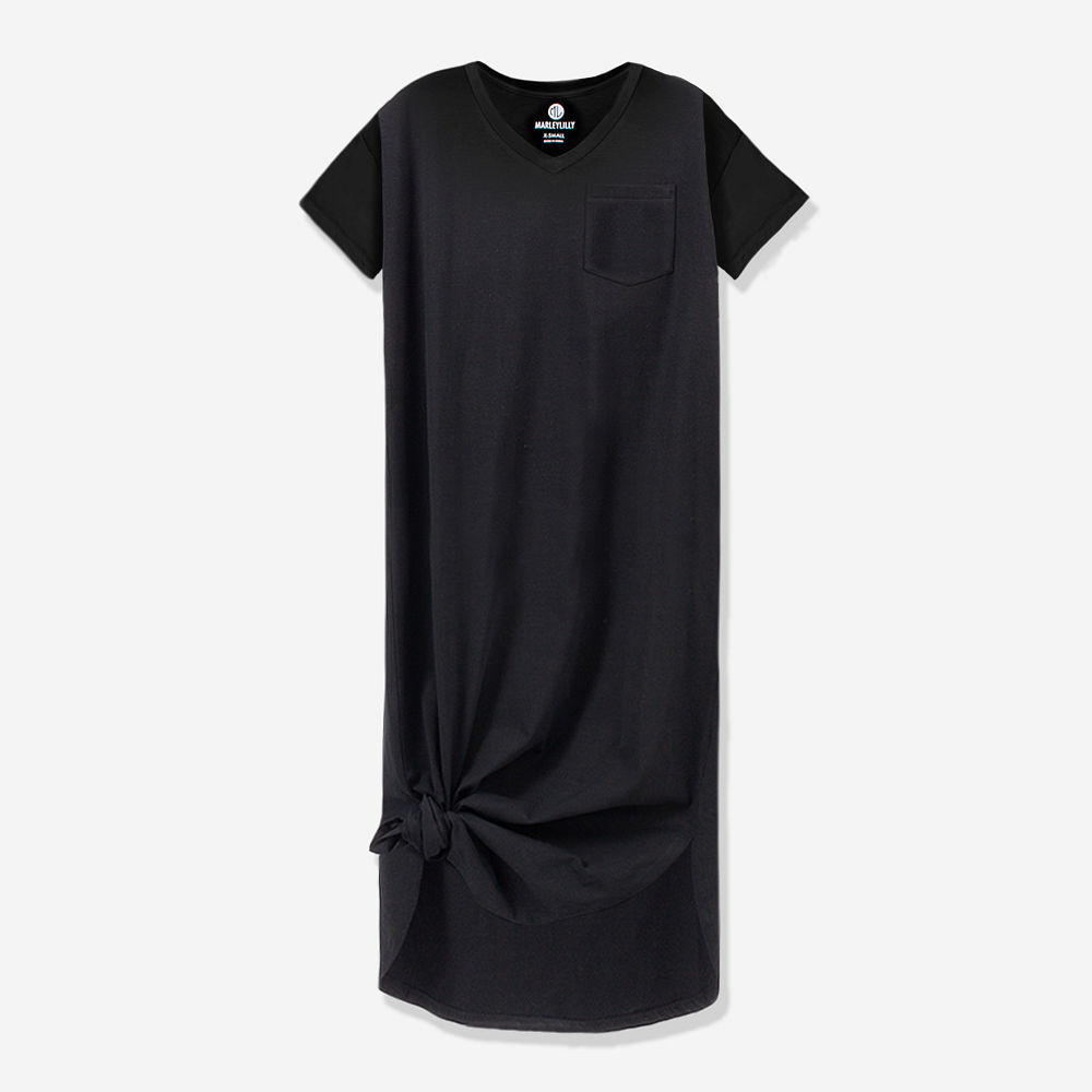 close up of monogrammed navy midi dress