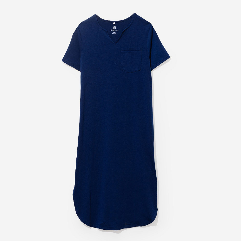 close up of monogrammed navy midi dress