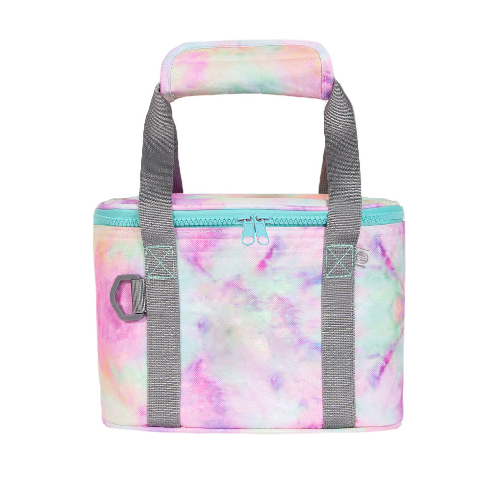monogrammed tie dye small cooler in hand at beach