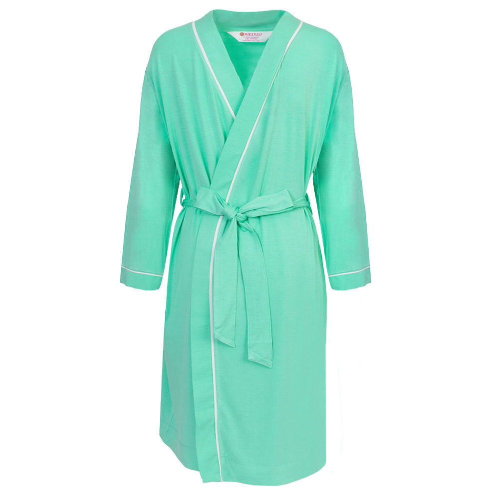 personalized robe in mint in kitchen