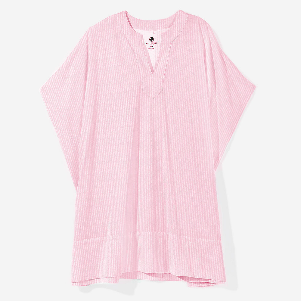 pink seersucker nantucket cover up on beach