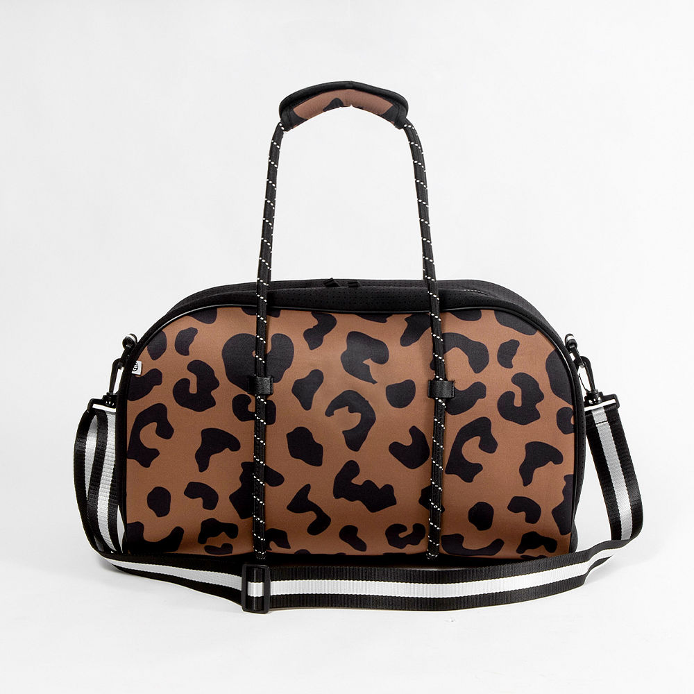 hickory leopard neoprene gym bag in hands