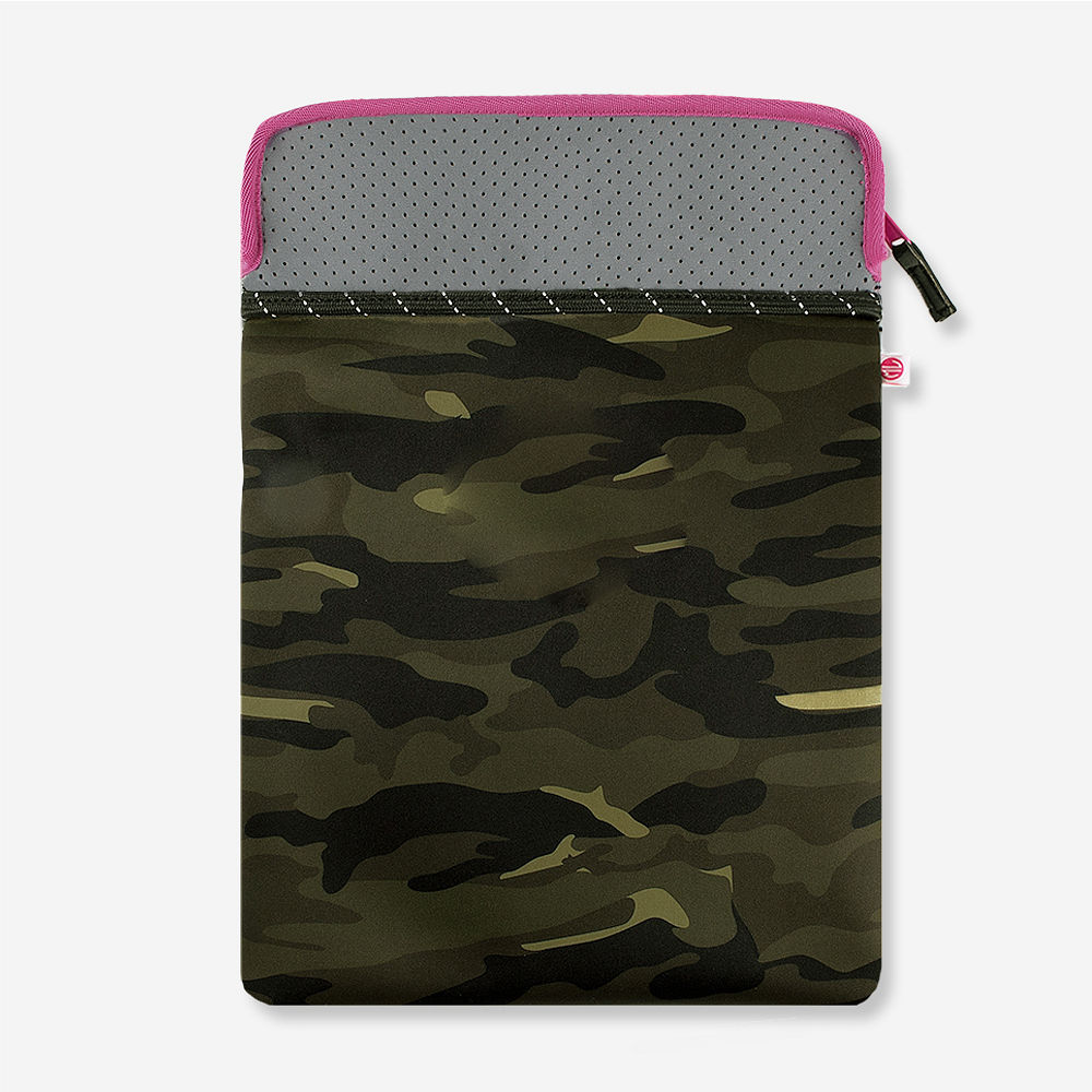 girl holding tan monogrammed neoprene laptop case