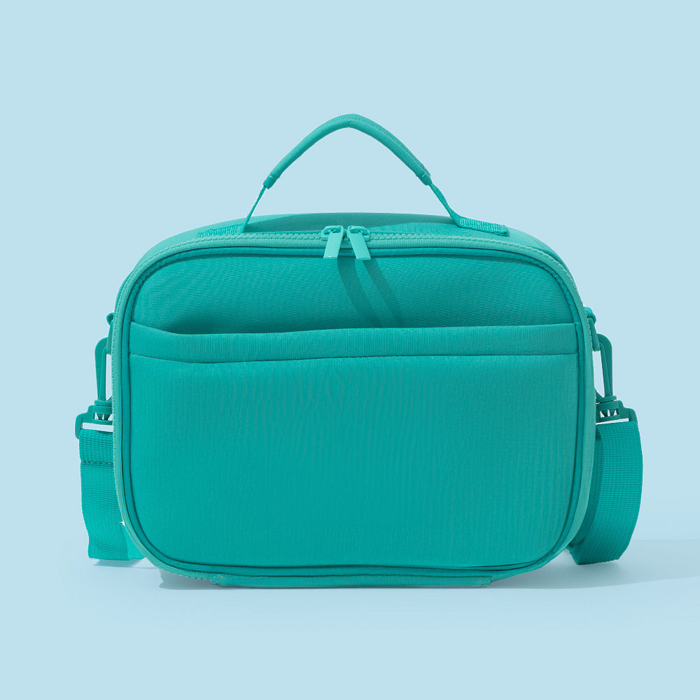 inside of neoprene lunch bag in teal