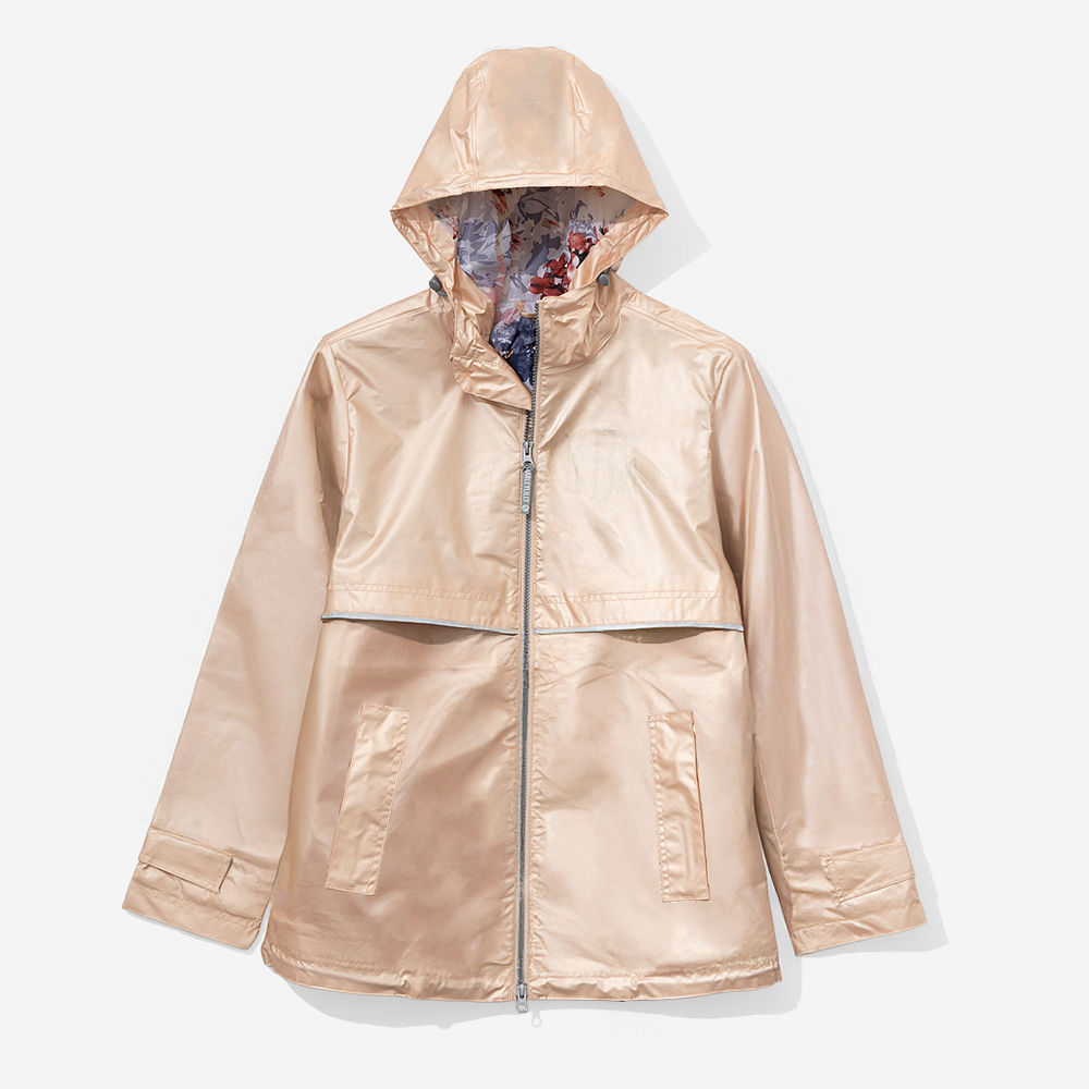 aqua monogrammed rain jacket with white tee