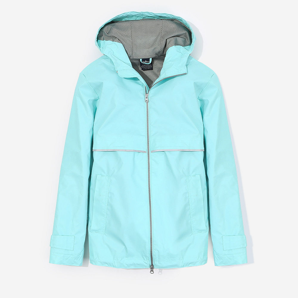 aqua monogrammed rain jacket with white tee