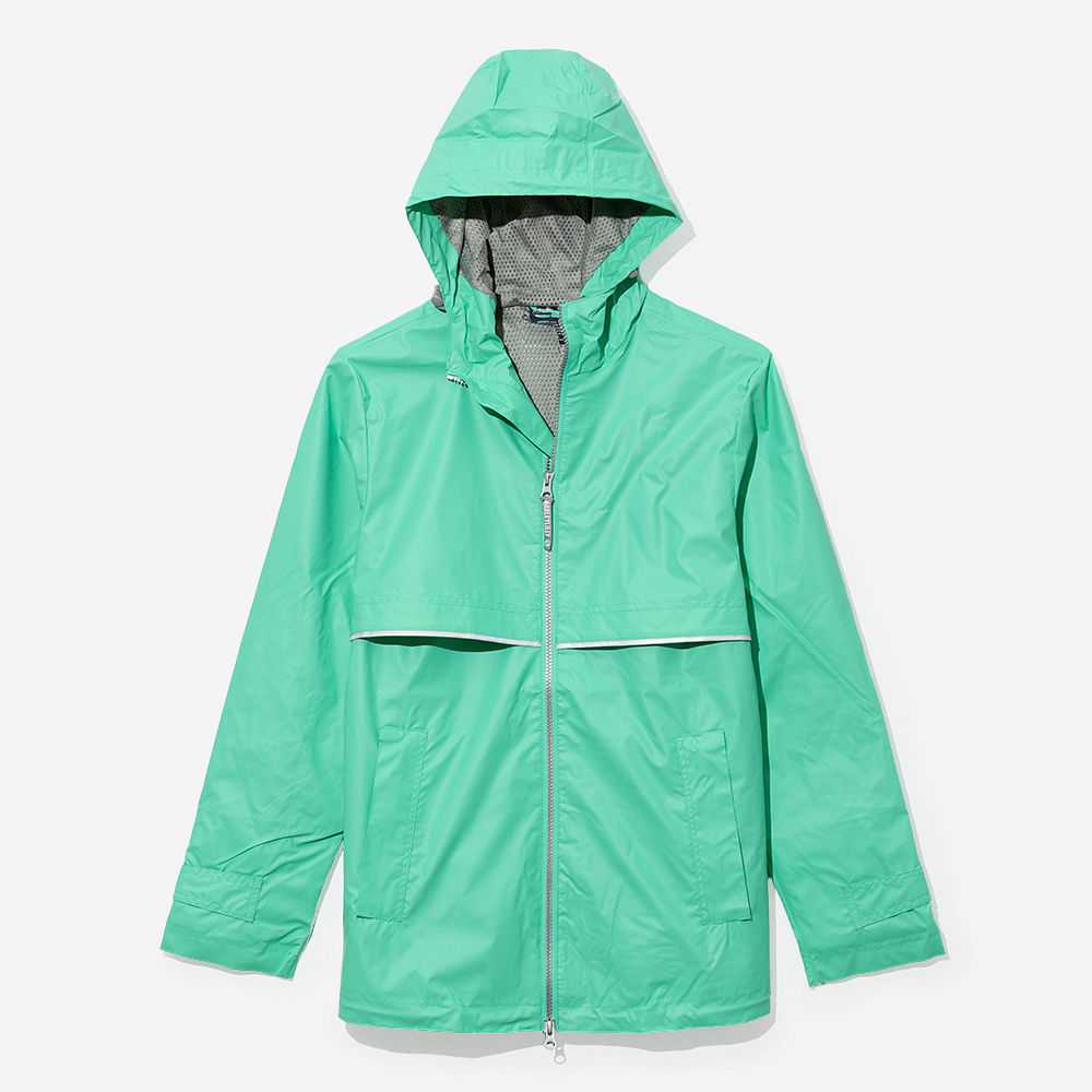 aqua monogrammed rain jacket with white tee