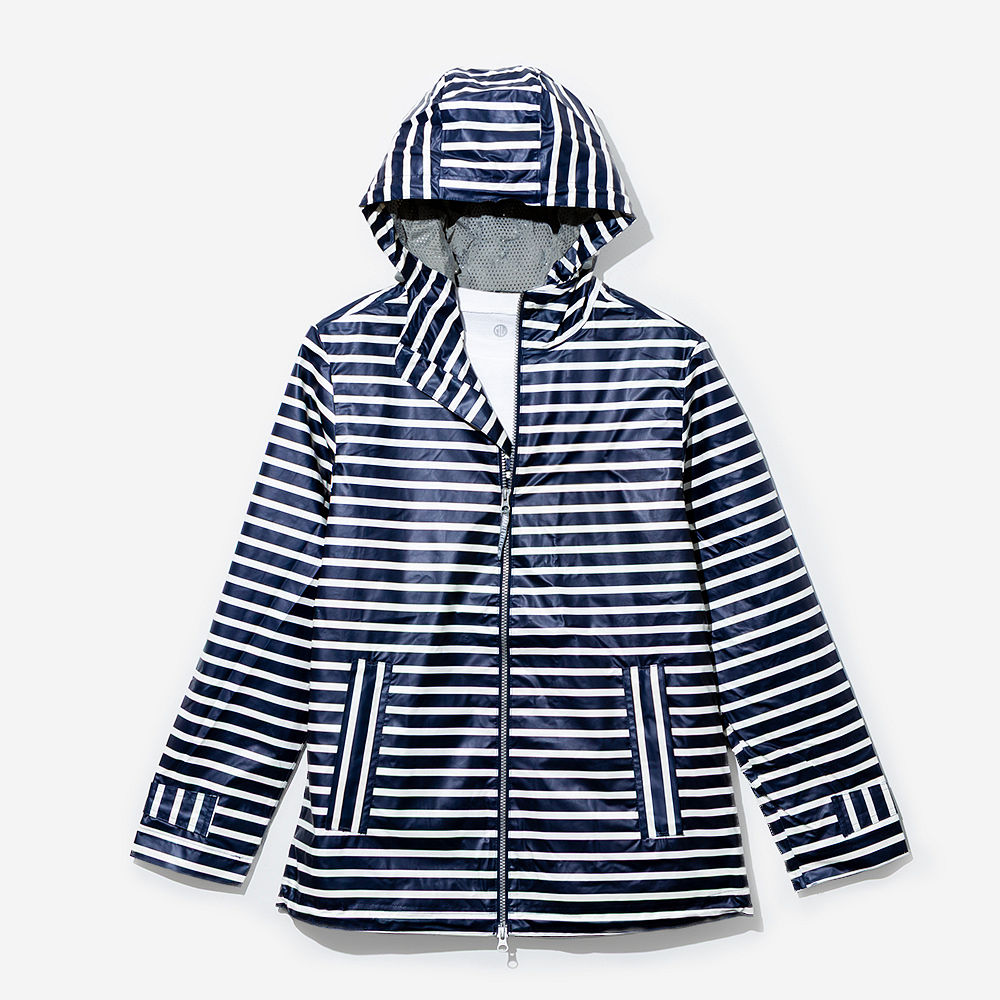 aqua monogrammed rain jacket with white tee