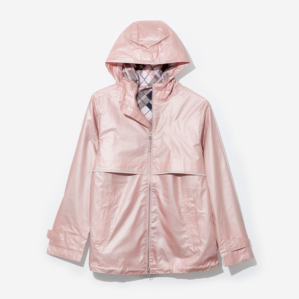 aqua monogrammed rain jacket with white tee