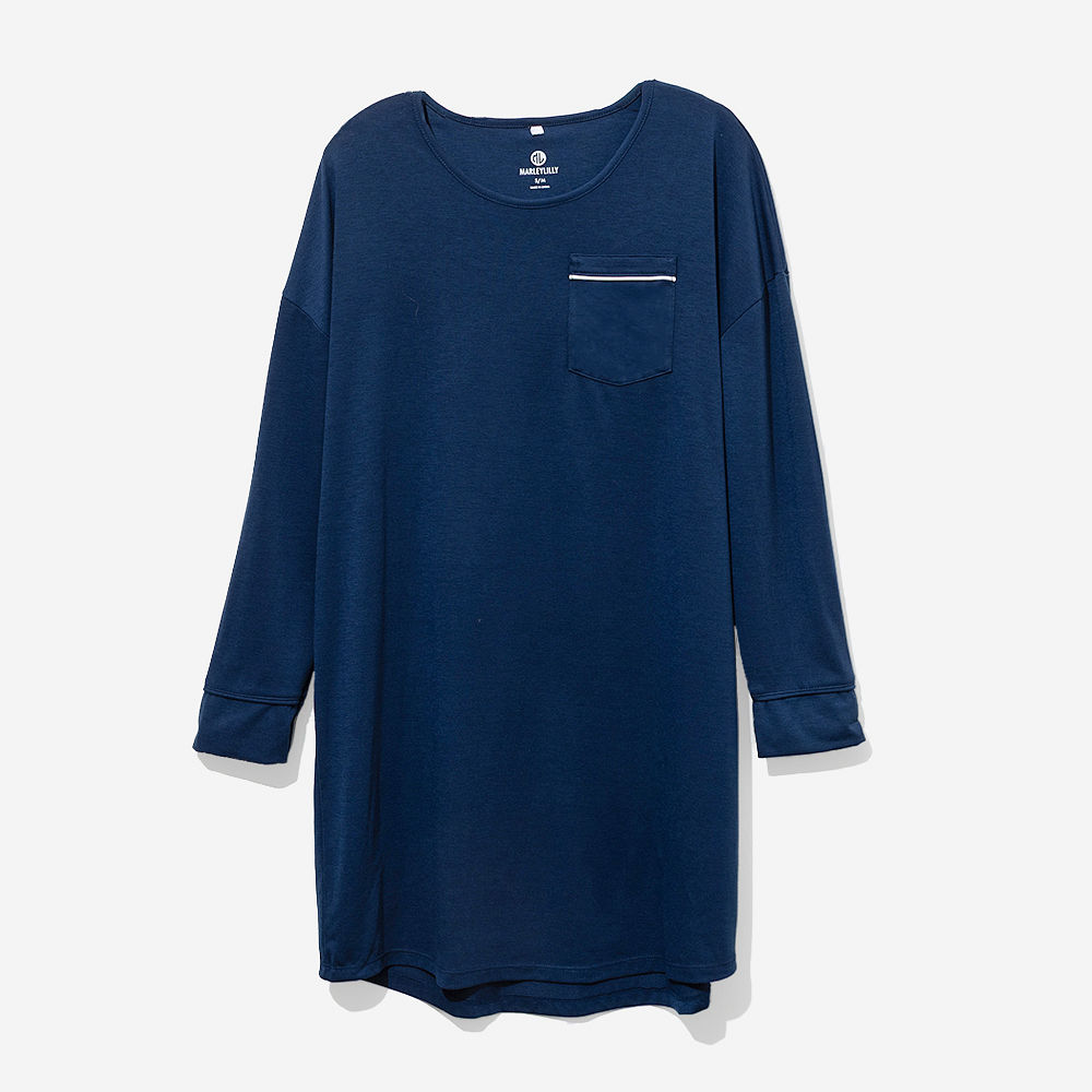 blue/white stripes nightgown on julia - back view