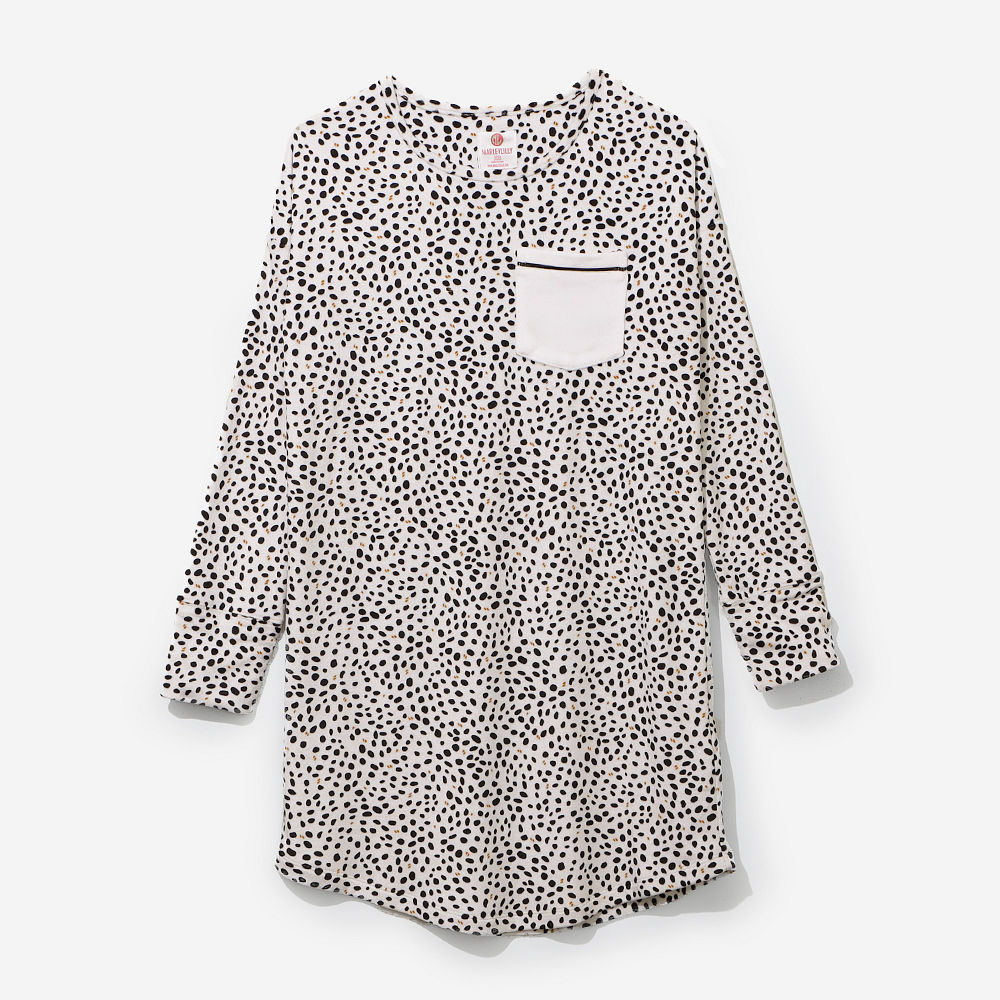 white leopard softspun nightgown on peyton with mirror