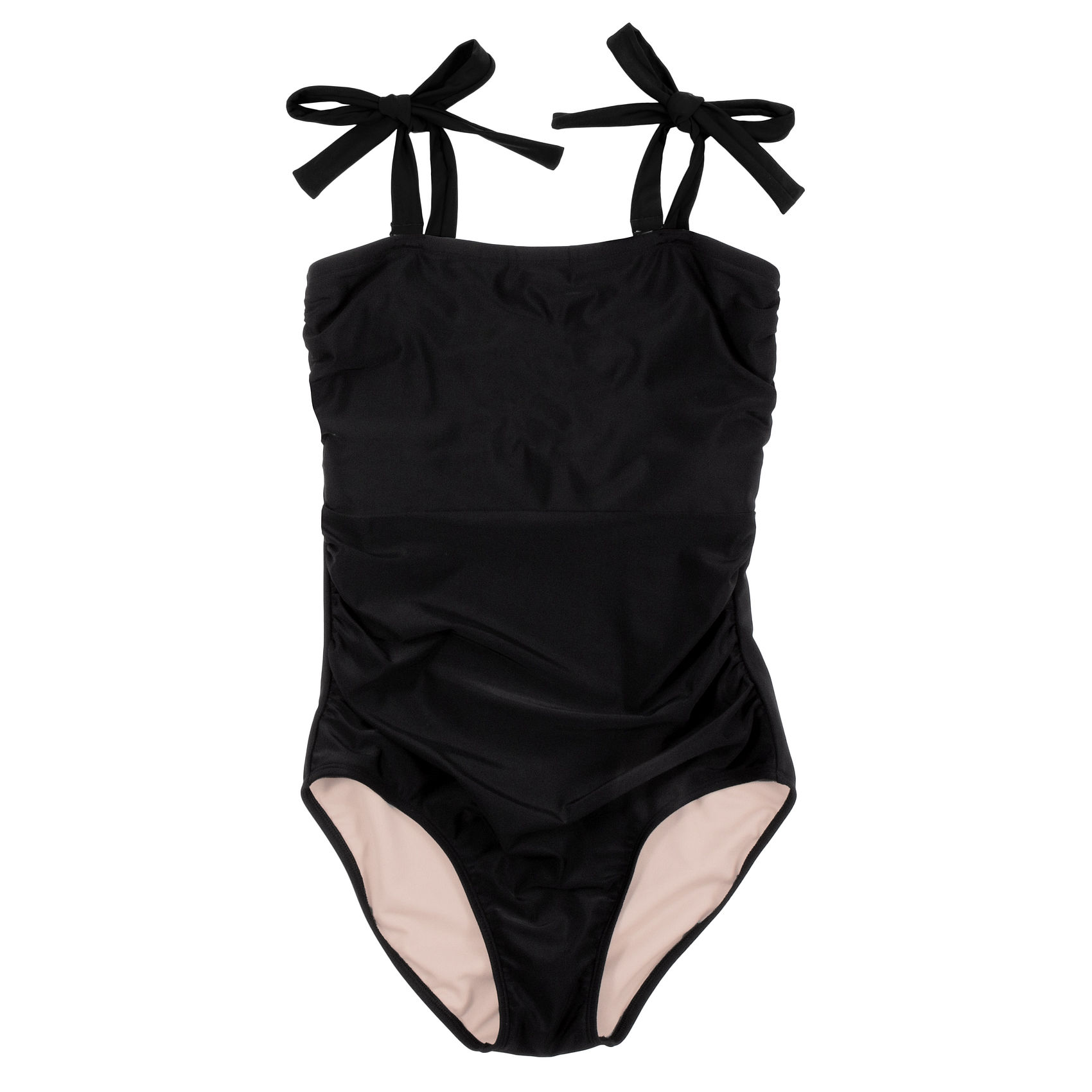 back of black monogrammed one piece bathing suit showing coverage