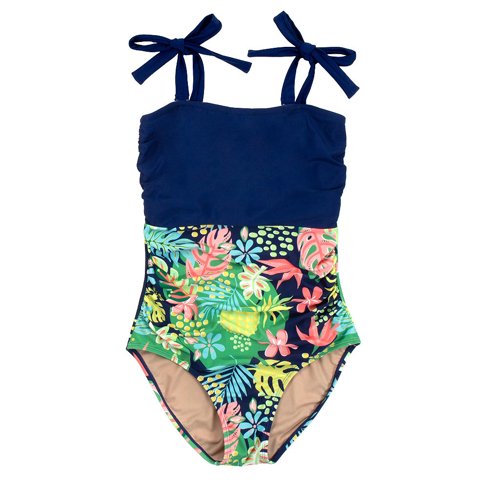 navy one piece bathing suit with luxurious navy tropical sarong