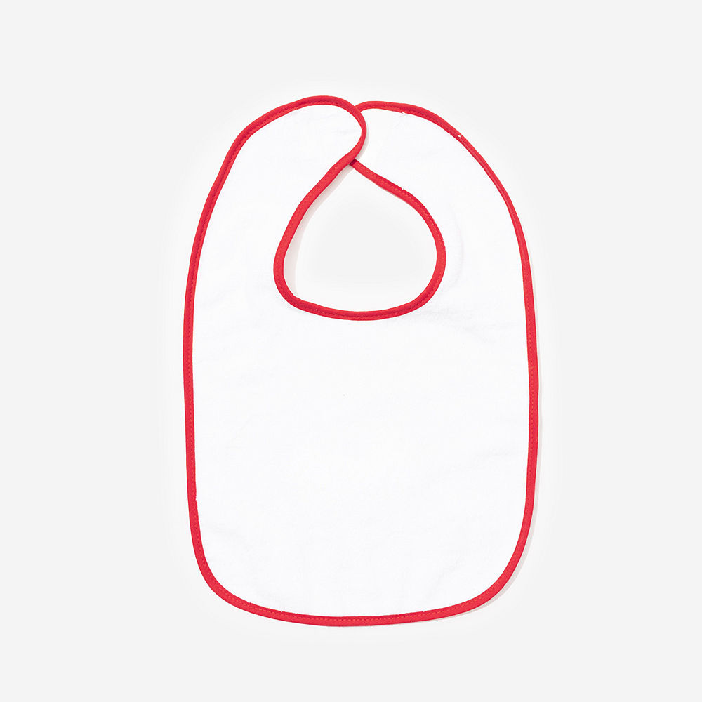 red outline baby bib up close
