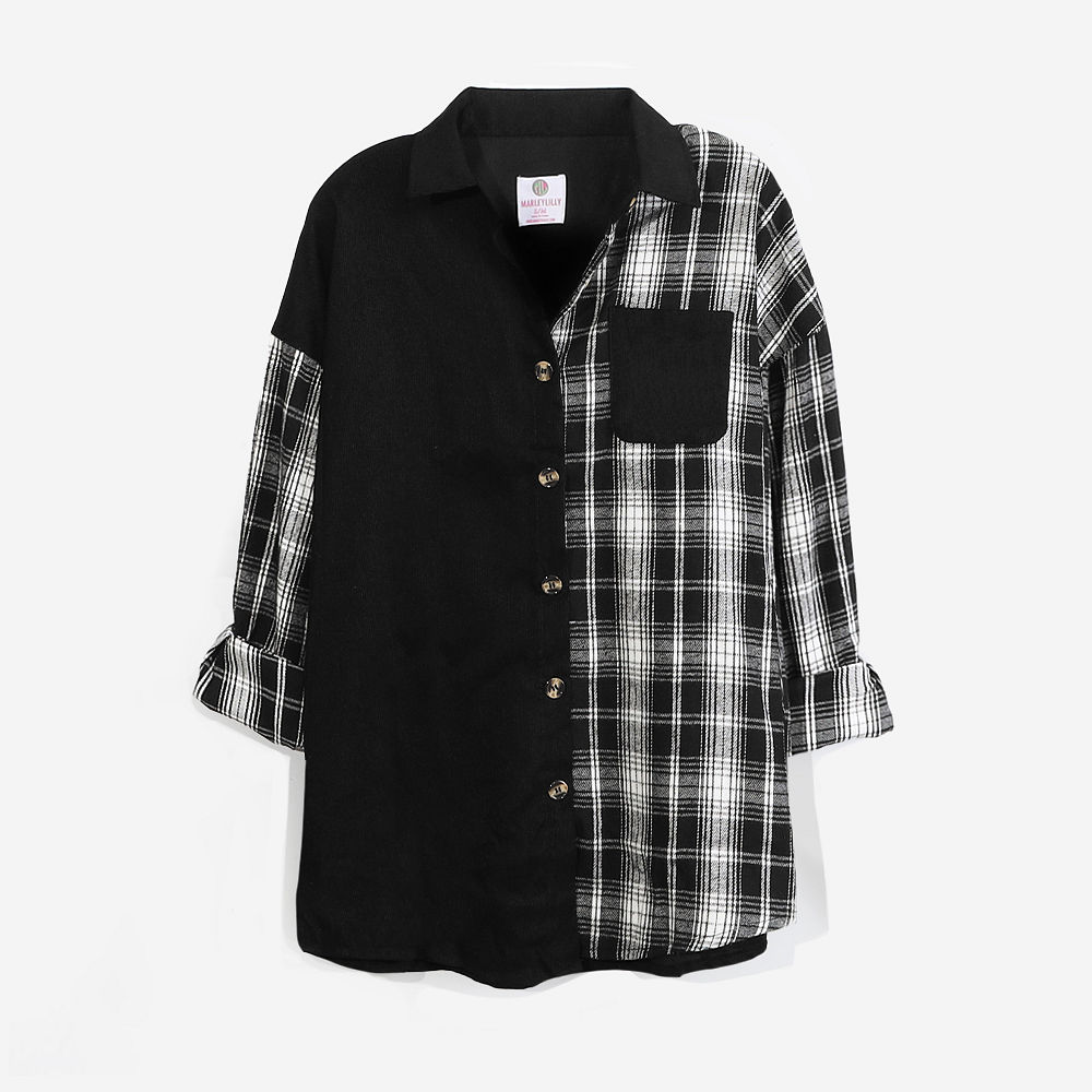 black and white plaid oversized tunic ootd with hat and boots