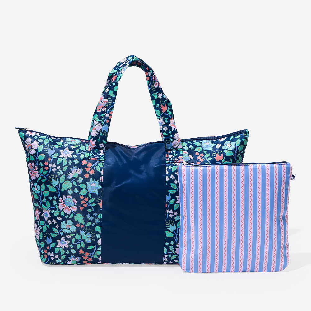 Monogrammed Packable Weekend Duffel Bag | Navy Flora Trellis