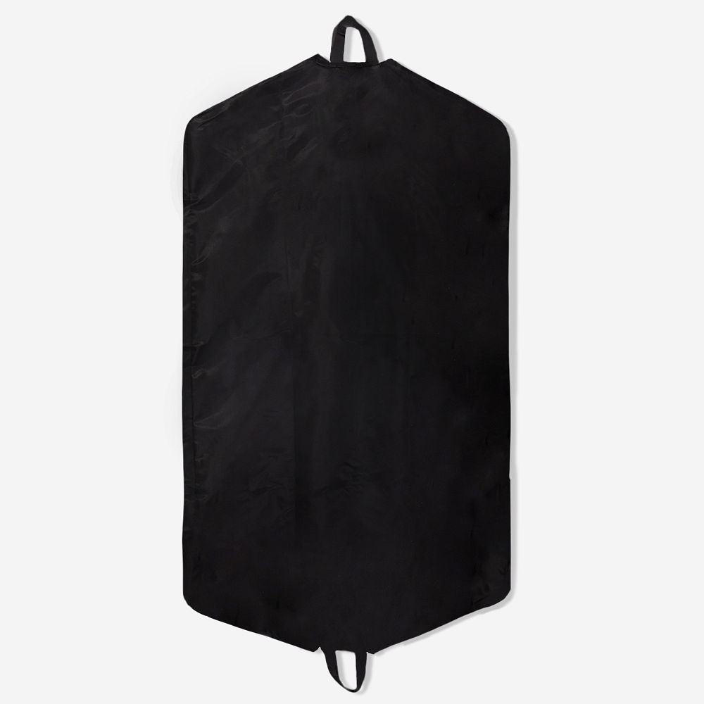 black packable garment bag and duffel in trunk