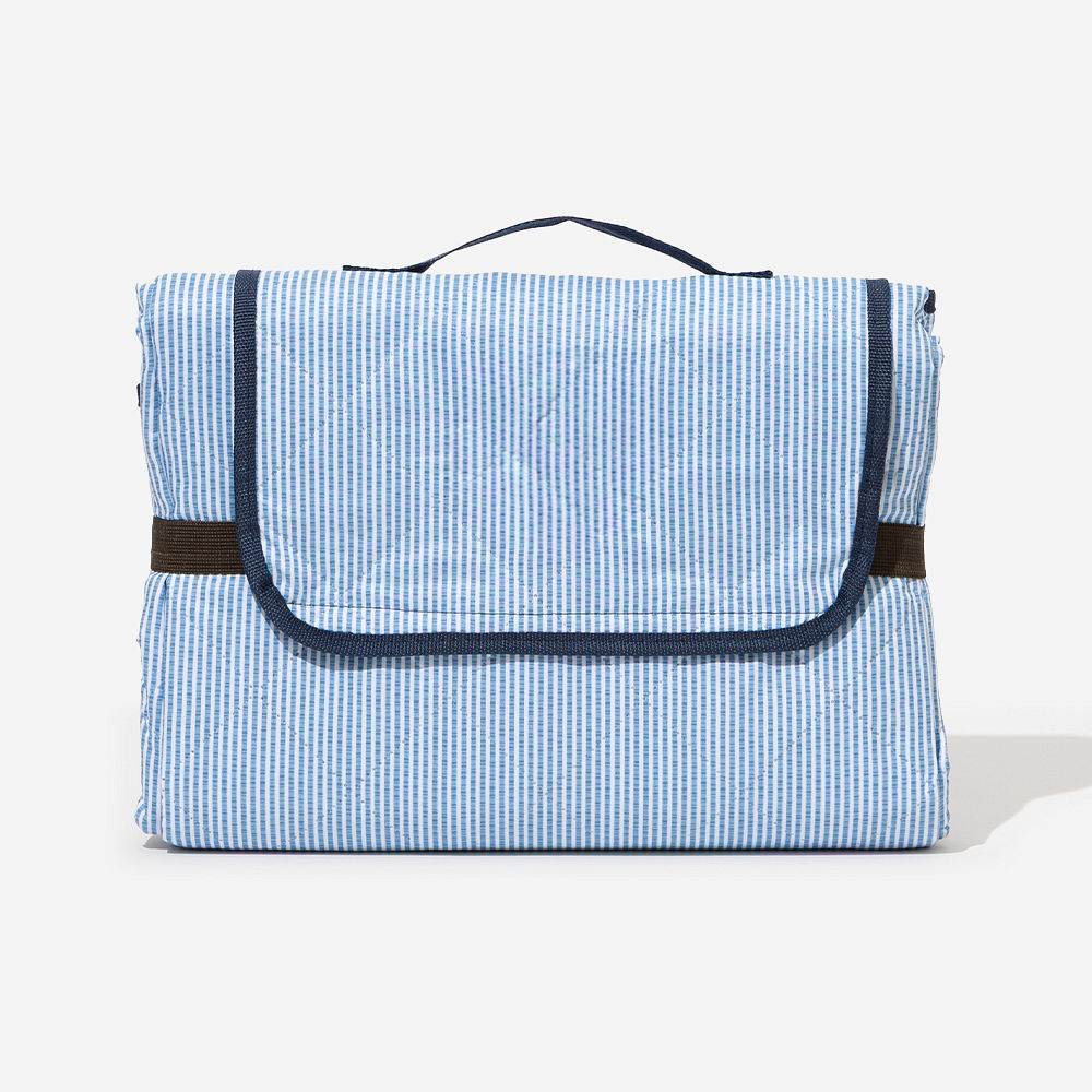 monogrammed navy seersucker cooler and picnic blanket