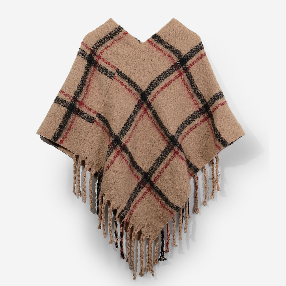 Monogrammed Plaid Poncho in Camel Plaid