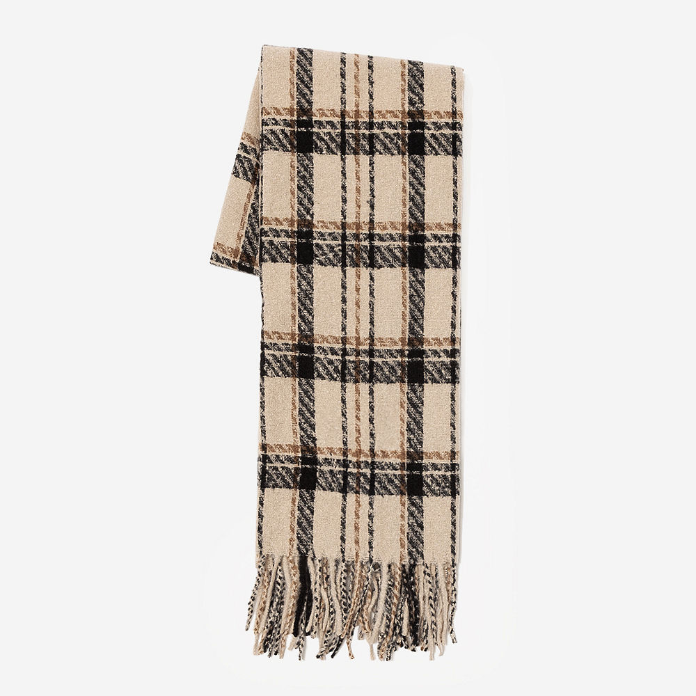 tan plaid scarf worn by peyton close