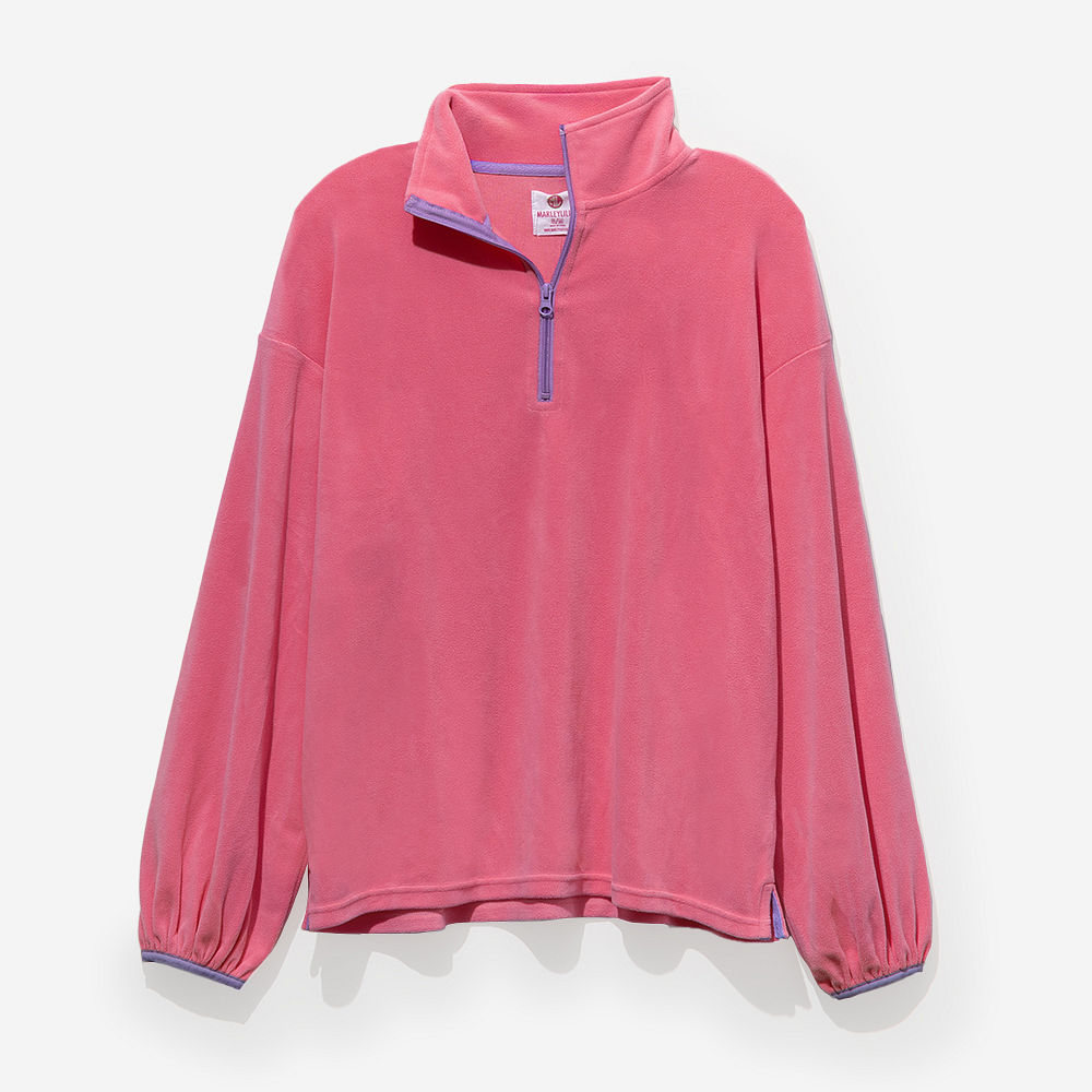 personalized puff sleeve fleece pullover in pink outfit