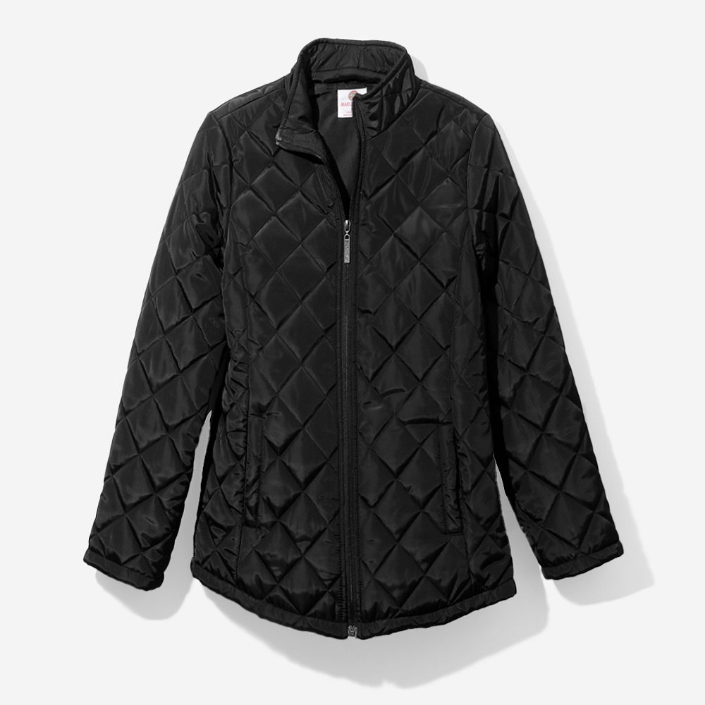 monogrammed black puffer quilted jacket with leggings and sunglasses