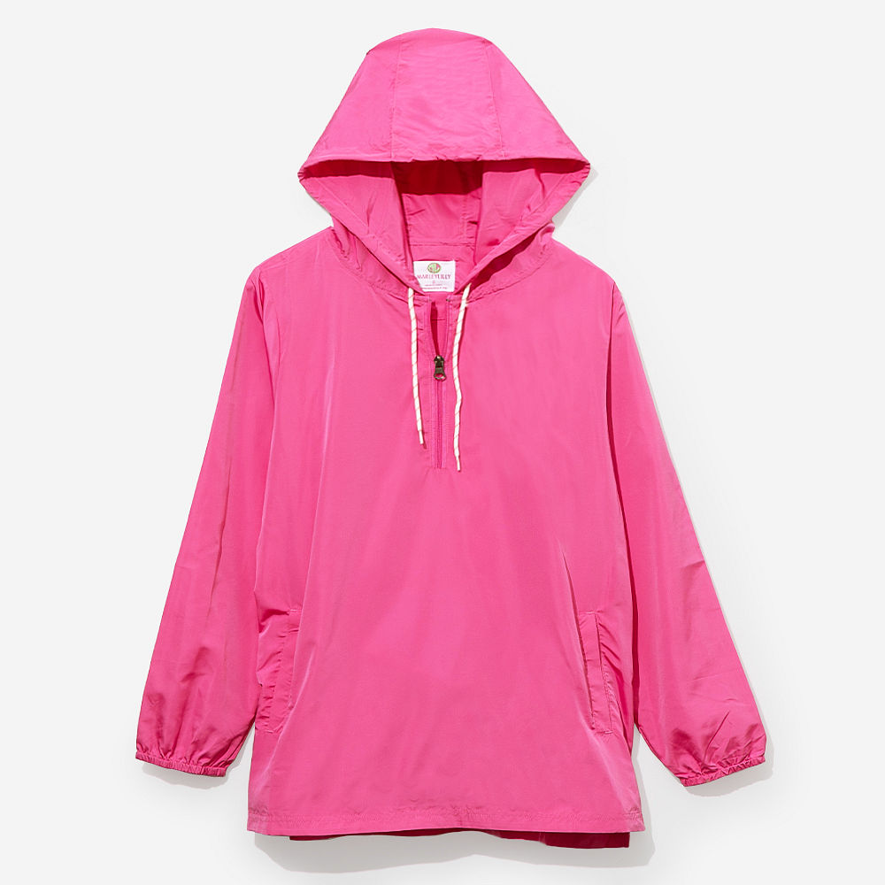 black monogrammed pullover windbreaker with athletic shorts