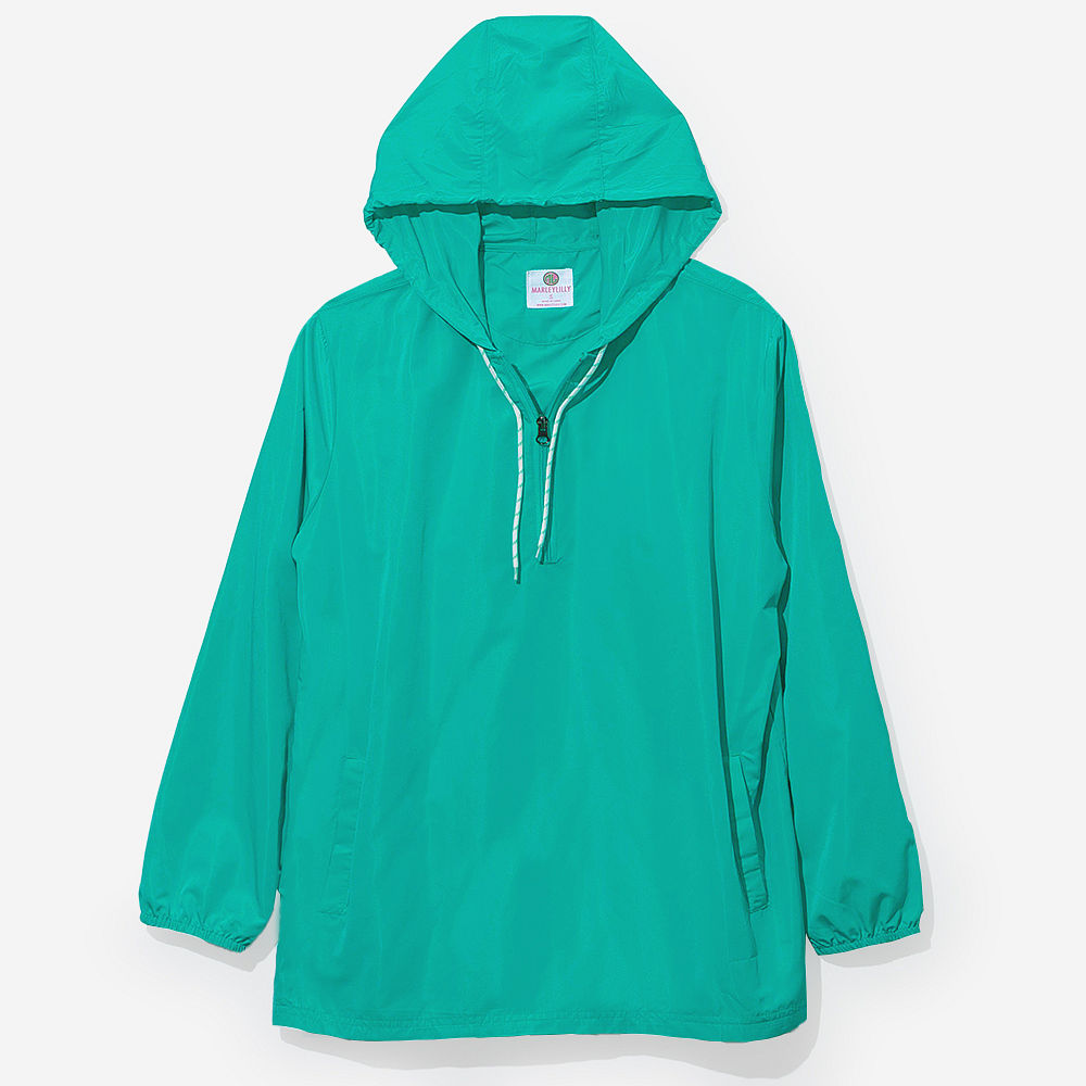 black monogrammed pullover windbreaker with athletic shorts