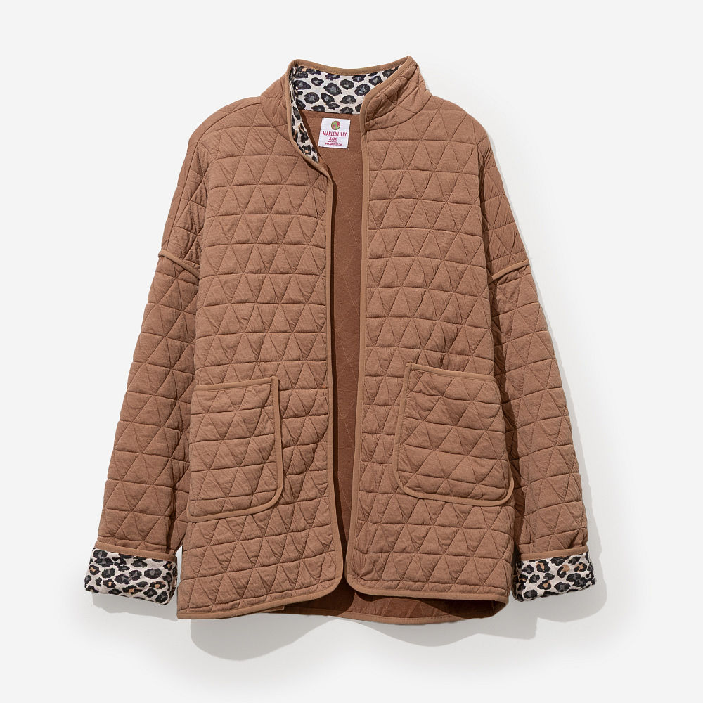 side of personalized quilted coat in almond