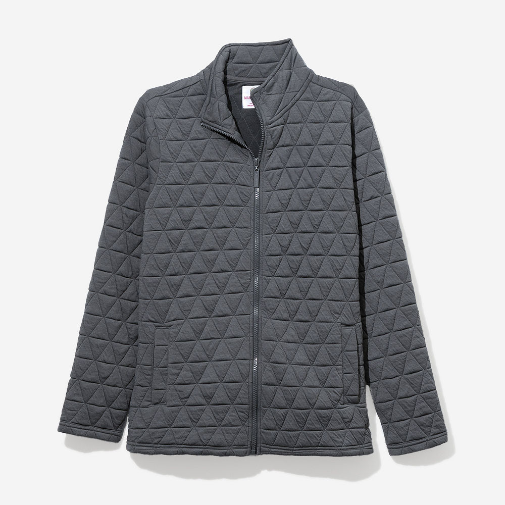 charcoal quilted full zip jacket up close